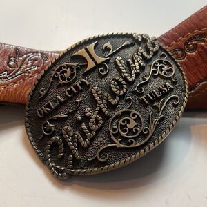 leather tooled belt with buckle hand stained latitan sz 36 western cowboy rodeo